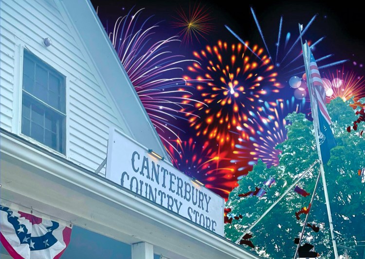 A view of the Canterbury Country Store with a sign, surrounded by colorful fireworks in the sky, and an American flag waving nearby.