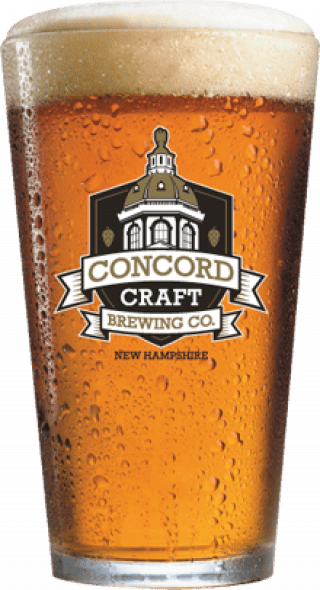 A glass of Concord Craft Brewing Co. beer with a golden amber color and a creamy foam head, featuring the brewery logo on the front.