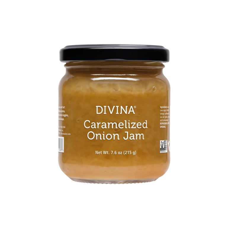 Jar of Divina Caramelized Onion Jam with a black lid and label.