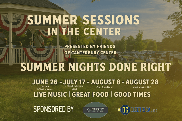 Promotional banner for Summer Sessions in the Center, featuring dates, sponsors, and live music offerings.
