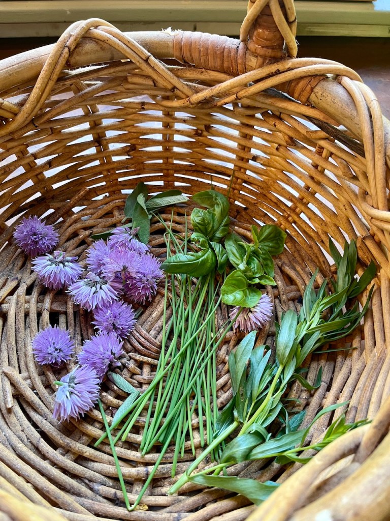 A wicker basket filled with freshly picked herbs including chive blossoms, chives, basil, and tarragon, resting on a wooden surface.