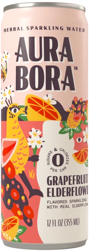 Can of Aura Bora herbal sparkling water in grapefruit and elderflower flavor, featuring vibrant and colorful floral and fruit illustrations.