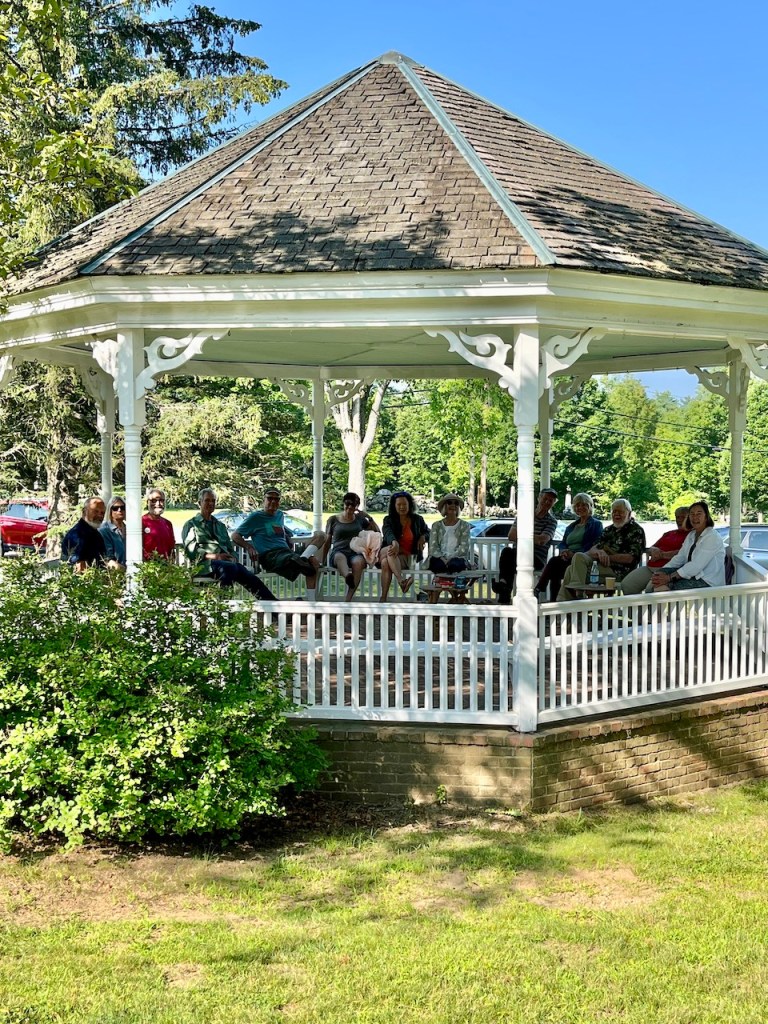 A group of people sitting together in a gazebo surrounded by greenery, enjoying a community gathering.