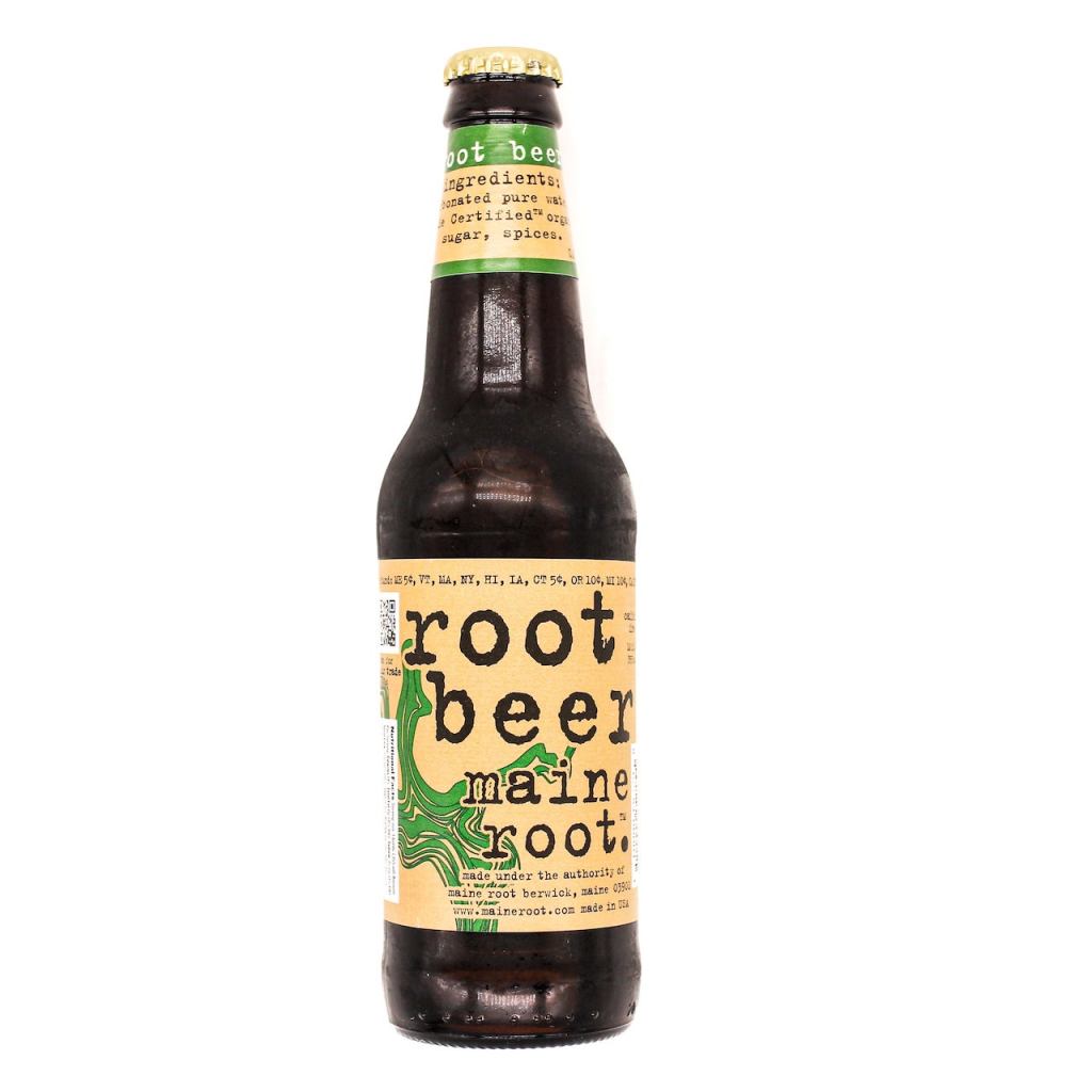 A bottle of Maine Root root beer with a brown glass body and a yellow label featuring the brand name and ingredients.