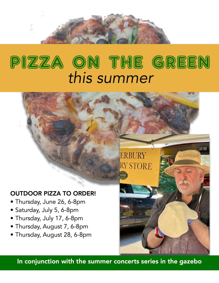 A promotional image for 'Pizza on the Green' featuring a close-up of a pizza topped with vegetables and cheese on the left, and a man in a hat holding pizza dough on the right. Text highlights summer pizza ordering details.