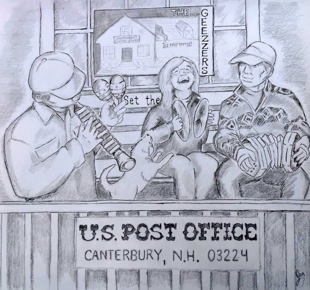 A black and white drawing of three musicians performing in front of a post office sign. One musician plays a flute, while the others hold an accordion and maracas. A cat is seen in the foreground, and there is a background depicting a house and an event titled 'The Geezzers.'