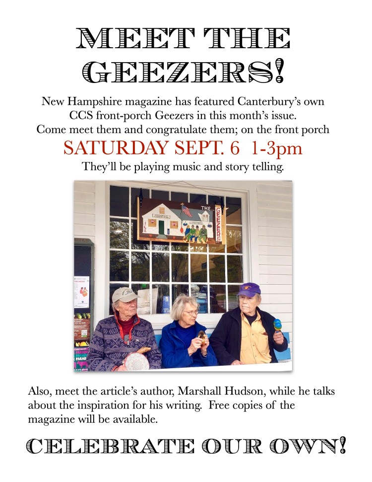 Event poster inviting attendees to meet the 'Geezers' from Canterbury featured in New Hampshire magazine, with details about music and storytelling on September 6.