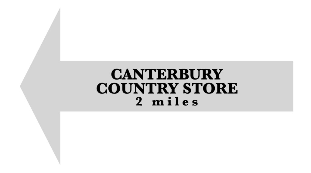 Signage indicating direction to Canterbury Country Store, located 2 miles away.