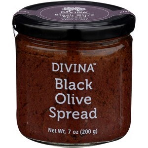 A jar of Divina Black Olive Spread with a black lid, labeled for 7 ounces, showcasing its rich and dark texture.