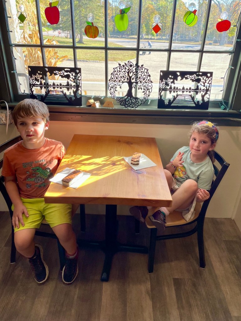 Two children sitting at a wooden table near a window with colorful autumn-themed decorations. The boy is wearing a brown t-shirt and yellow shorts, while the girl is wearing a light green t-shirt with a colorful design.
