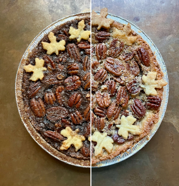 A freshly baked pecan pie decorated with star-shaped pastry cutouts, presented on a round tin pie plate.
