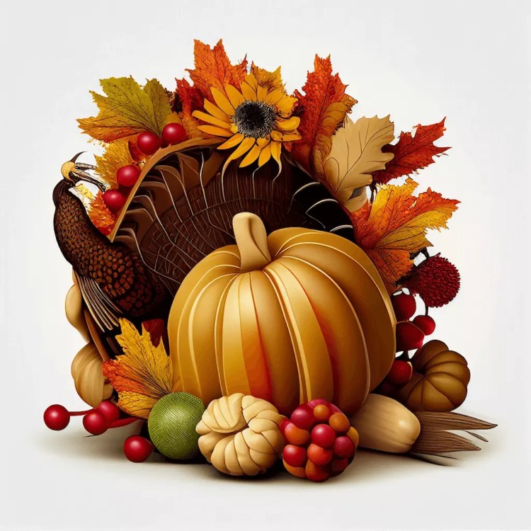 A colorful arrangement of autumn elements, featuring a large pumpkin, various gourds, vibrant leaves, and a turkey, evoking a cozy Thanksgiving theme.