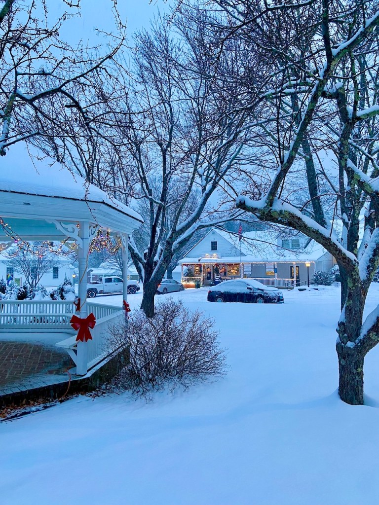 A picturesque winter scene featuring a snowy landscape with bare trees, a house adorned with lights, and a festive atmosphere.