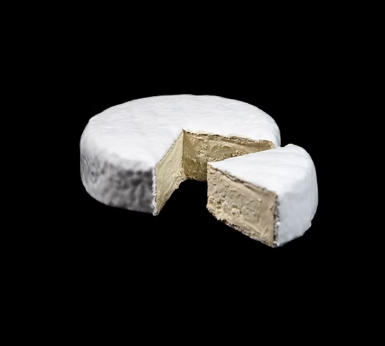 A round wheel of cheese with a white rind and a slice cut out showing a creamy interior.