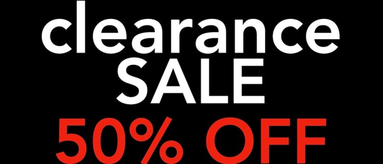 Promotional graphic displaying 'Clearance Sale' with '50% Off' in bold text on a black background.