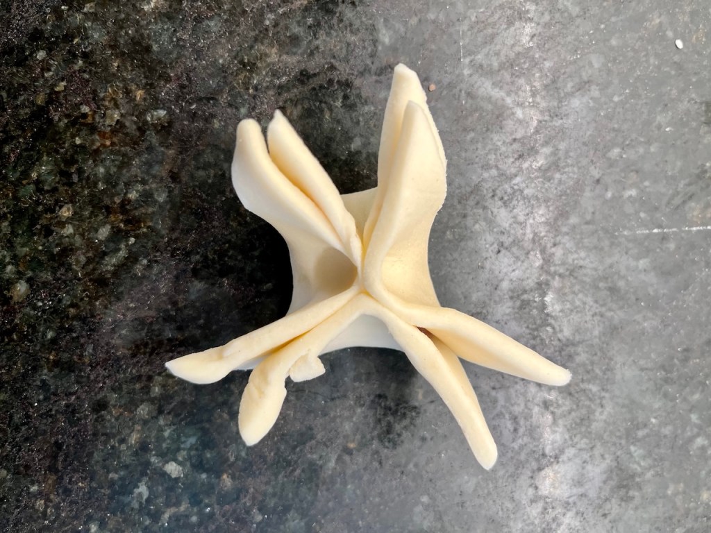 A top view of a sculpted, cream-colored object resembling an abstract flower or star shape, placed on a dark stone surface.